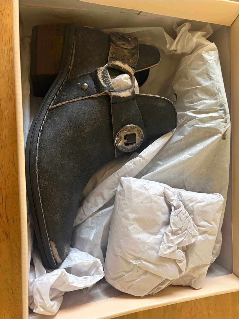 Chinese Laundry Black Distressed Western Ankle Booties with Concho Strap - Picture 3 of 7